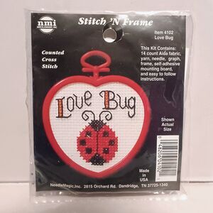 Vtg Needle Magic Stitch N Frame Love Bug Cross Stitch Kit-4102-Ladybug-NEW